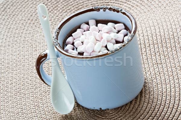 Gorąca czekolada ptasie mleczko niebieski rustykalny kubek zimą Zdjęcia stock © IngridsI