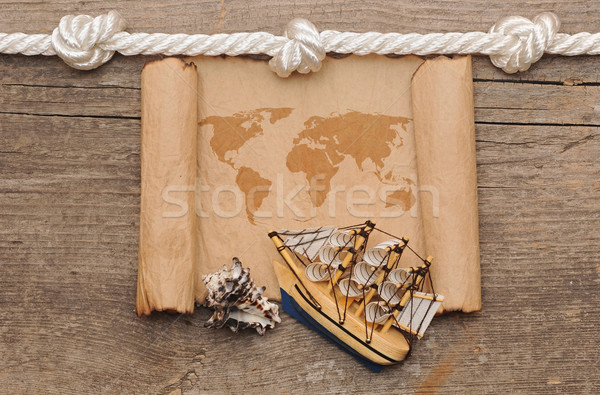 Velho mapa do mundo madeira arte barco Foto stock © inxti