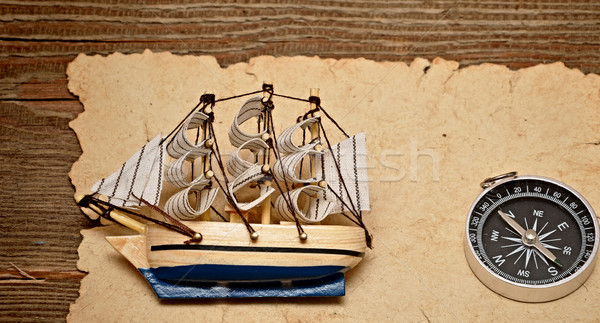 Foto d'archivio: Vecchia · carta · bussola · modello · classico · barca · legno