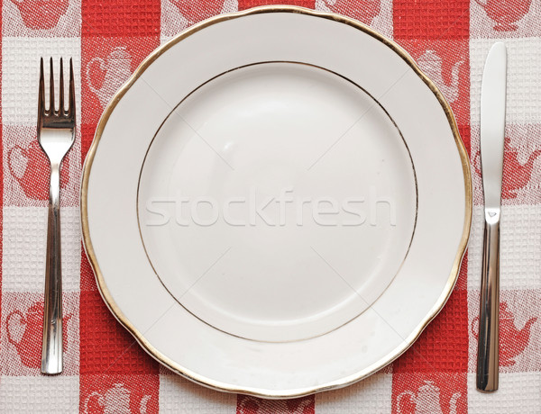 Stockfoto: Mes · plaat · vork · Rood · tafelkleed · textuur