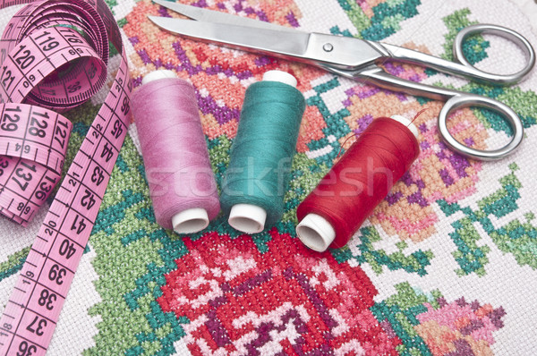 Stock photo: Cross-stitch set: colorful threads and canvas 