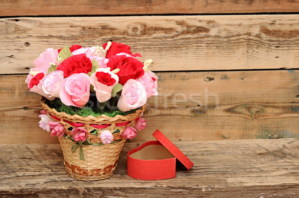 Stock photo: bouquet paper flower in a basket with gift box