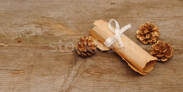 Stockfoto: Vintage · papier · rollen · goud · oud · hout · natuur