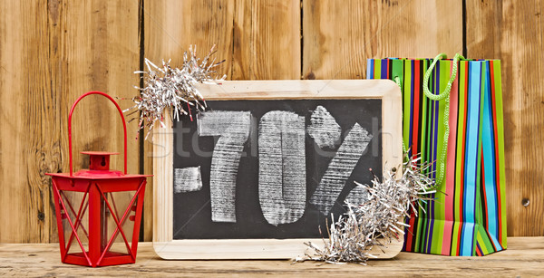 [[stock_photo]]: Pour · cent · réduction · écrit · tableau · noir · Noël · décoration