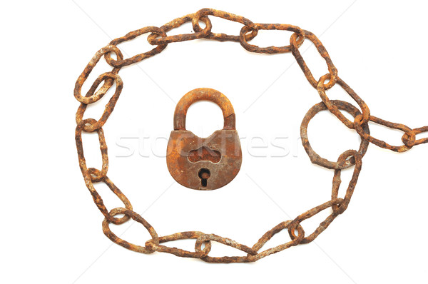 Stock photo: vintage padlock and very old chain isolated on white background