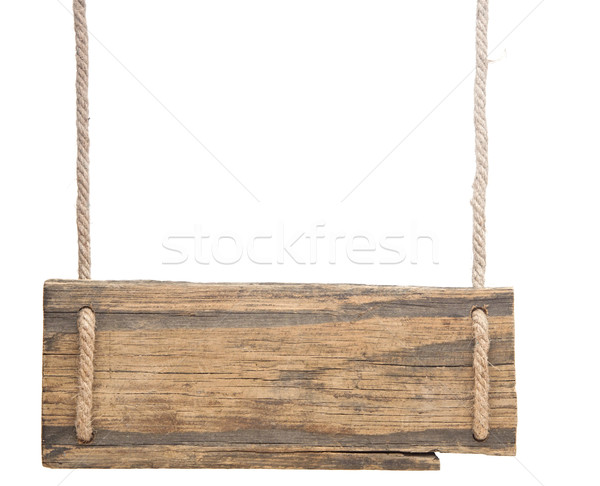 Stock photo: blank wooden sign hanging on a rope. isolated on white