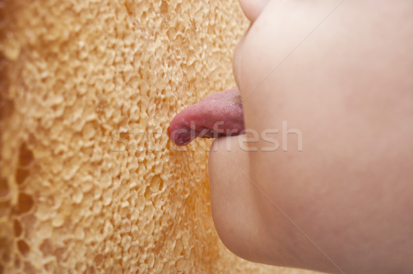 Young boy try to test honey from honey comb Stock photo © inxti