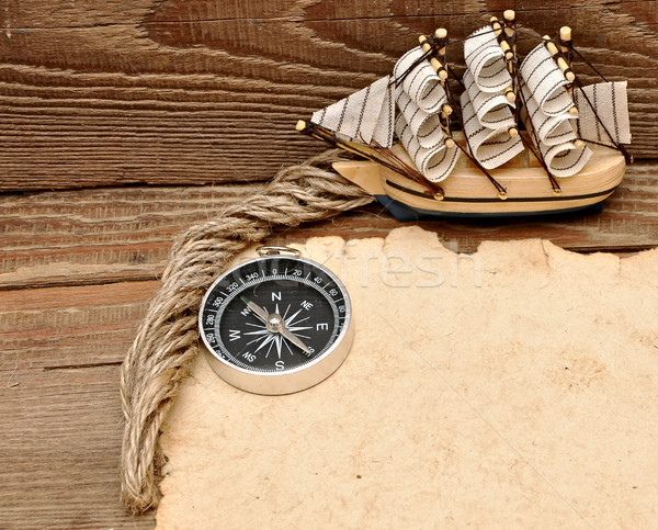 old paper, compass, rope and model classic boat on wood backgrou Stock photo © inxti