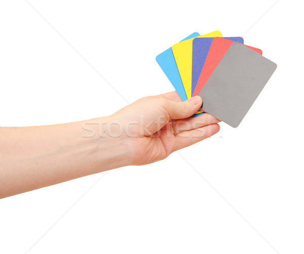 Collection of woman's hand hold collection of colorful card isol Stock photo © inxti