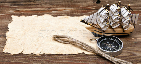 old paper, compass, rope and model classic boat on wood backgrou Stock photo © inxti