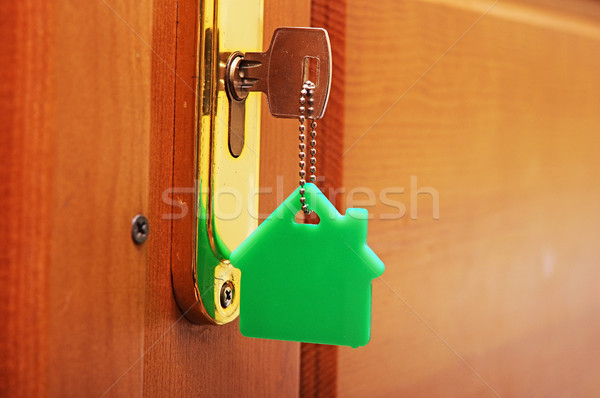 House key on a house shaped keyring in the lock of a door  Stock photo © inxti