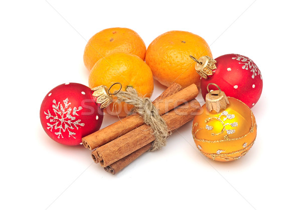 tangerine, cinnamon and chrismas balls isolated on white backgro Stock photo © inxti