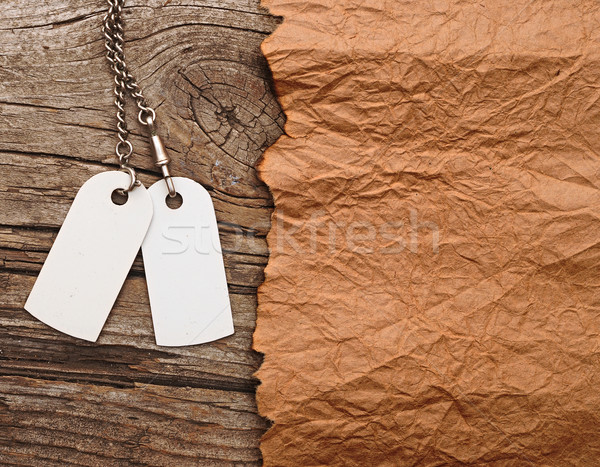 Stock photo: blank tags with silver chain on vintage background
