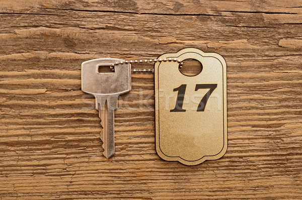 Close up shot of hotel room key shot on wooden background Stock photo © inxti