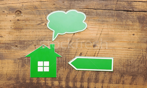 Stockfoto: Home · icon · bubble · toespraak · pijl · houten