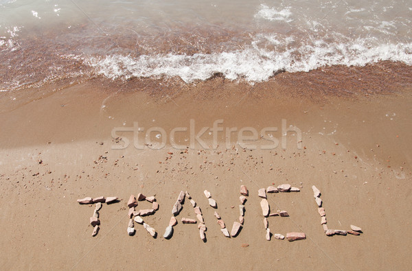 [[stock_photo]]: Voyage · écrit · plage · de · sable · mer · paysage · signe