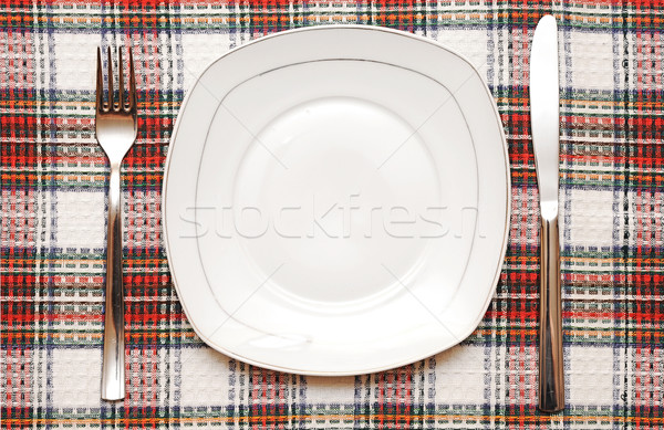 White empty plate with fork and knife on checkered tablecloth  Stock photo © inxti