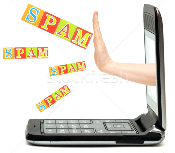Strony telefonu spam słowo ludzka ręka Zdjęcia stock © inxti