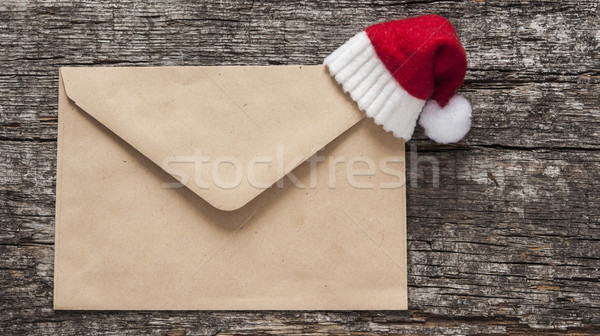 Stockfoto: Gelukkig · nieuwjaar · hout · papier · envelop · houten · tafel · gelukkig