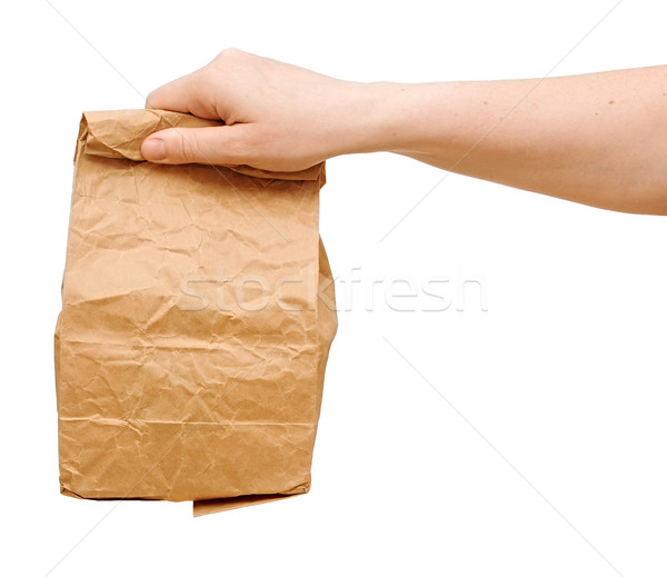 Női tart barna papír táska tartalom kéz Stock fotó © inxti