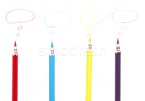 Stockfoto: Gelukkig · groep · potlood · gezichten · tekstballon