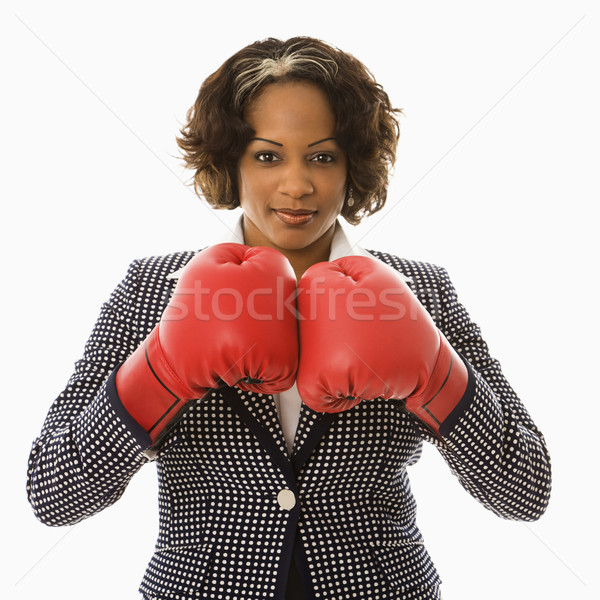 Foto stock: Empresária · luvas · de · boxe · negócio · mulheres · cor