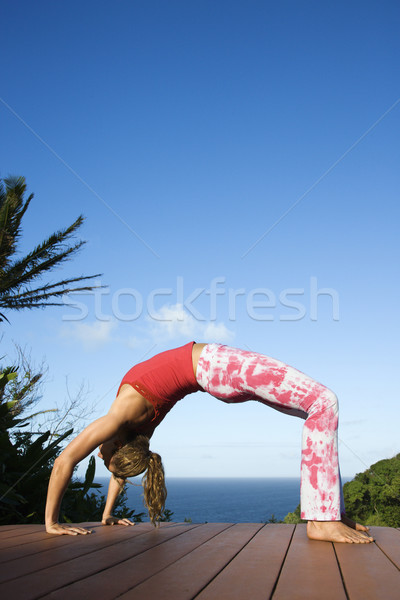 Genç kadın yoga çekici tekerlek pozisyon güverte Stok fotoğraf © iofoto
