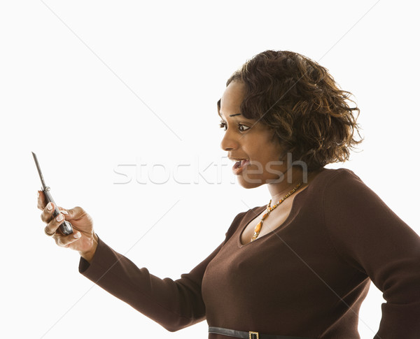 Stok fotoğraf: Kadın · cep · telefonu · bakıyor · iş · telefon