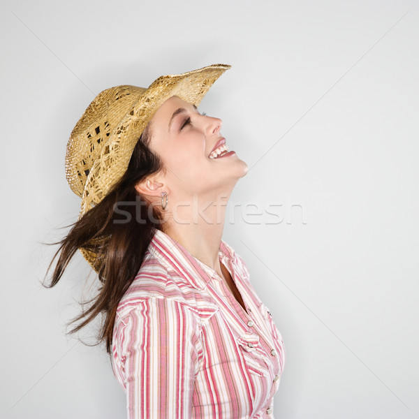Foto stock: Perfil · mulher · jovem · caucasiano · chapéu · de · cowboy