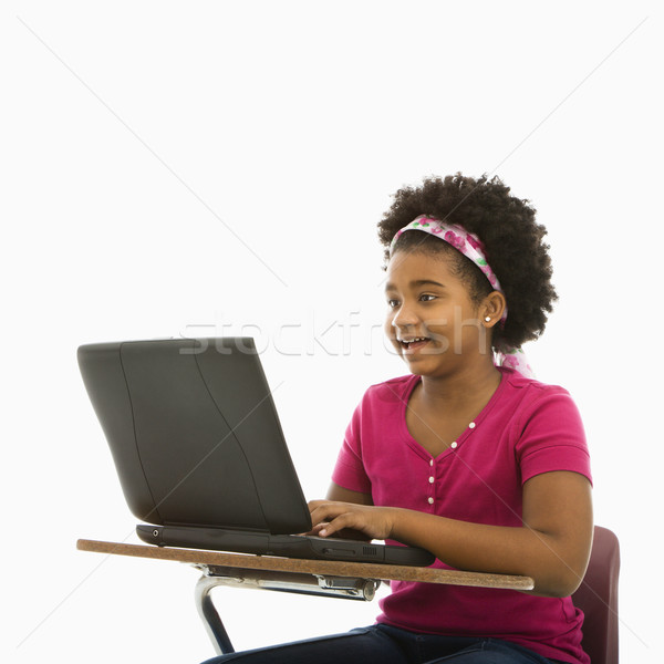 Iskolás lány laptop afroamerikai lány ül iskola Stock fotó © iofoto