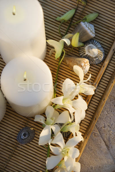 Stock fotó: Gyertyák · orchideák · fölött · kilátás · tálca · fehér