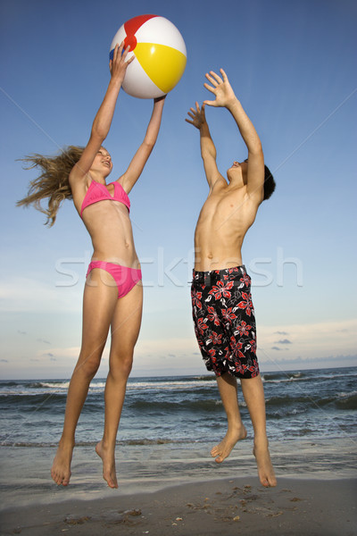 Stock fotó: Fiú · lány · játszik · tengerpart · kaukázusi · strandlabda
