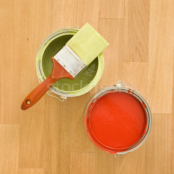 Stock photo: Paint cans and brush.