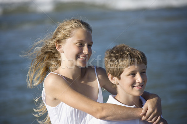 Foto stock: Irmã · irmão · praia · caucasiano · menina