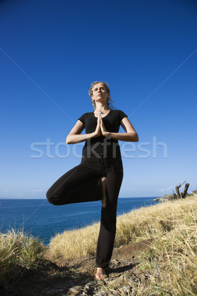 Foto stock: Mulher · ioga · caucasiano · em · pé · costa