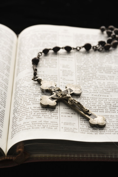 Religieuze rozenkrans kruisbeeld Open bijbel boek Stockfoto © iofoto