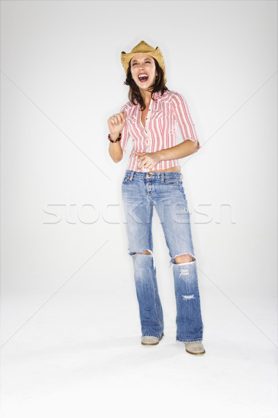 Stockfoto: Vrouw · lachend · kaukasisch · cowboyhoed