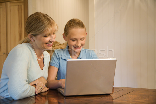 Mamãe filha caucasiano mulher menina usando laptop Foto stock © iofoto