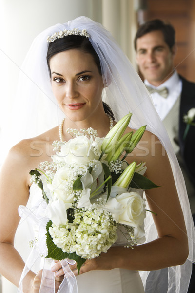 Portré menyasszony vőlegény kaukázusi tart virágcsokor Stock fotó © iofoto