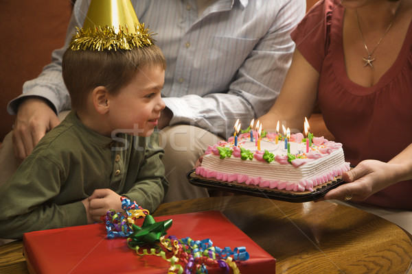 Jongen verjaardagsfeest kaukasisch partij hoed verjaardagstaart Stockfoto © iofoto