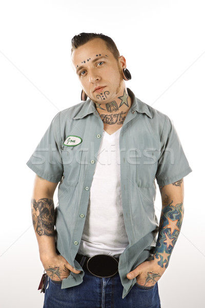 Om tatuaje caucazian mâini bărbaţi portret Imagine de stoc © iofoto
