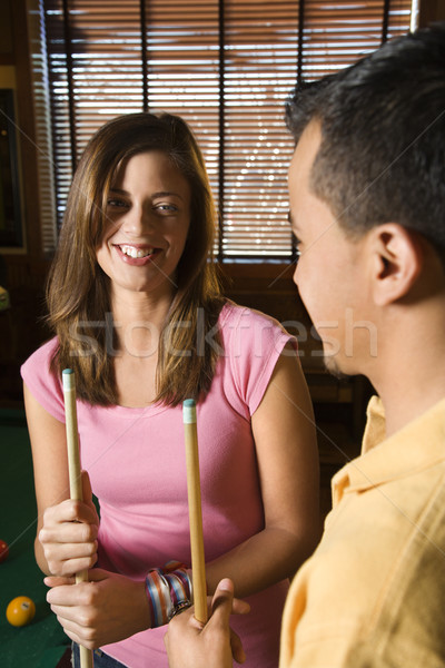 Paar spielen Pool junger Mann Frau sprechen Stock foto © iofoto