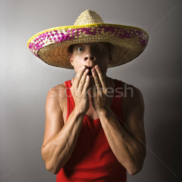 Férfi befogja száját portré kaukázusi férfi visel Stock fotó © iofoto