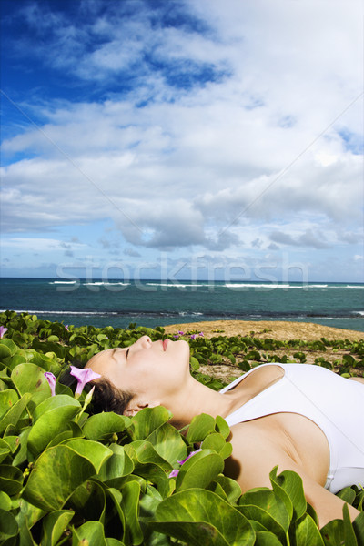 Stock fotó: Nő · növények · tengerpart · ázsiai · folt · virágok