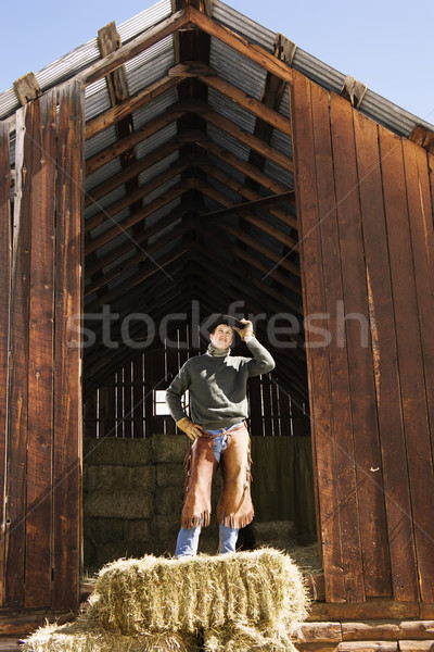 Attractive Young Man Standing on a Bale of Hay Stock photo © iofoto