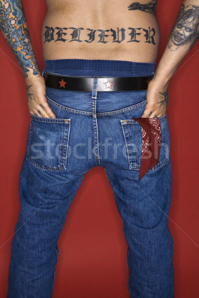 Człowiek tatuaż czytania wierny widok z tyłu Zdjęcia stock © iofoto