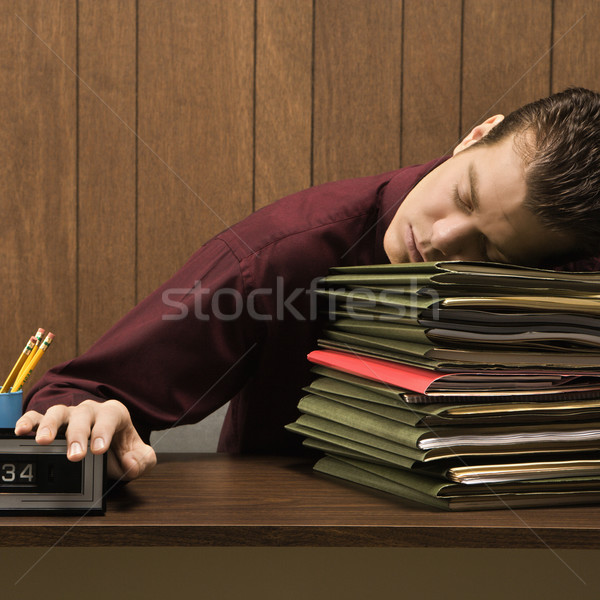 Biznesmen snem retro posiedzenia biurko głowie Zdjęcia stock © iofoto