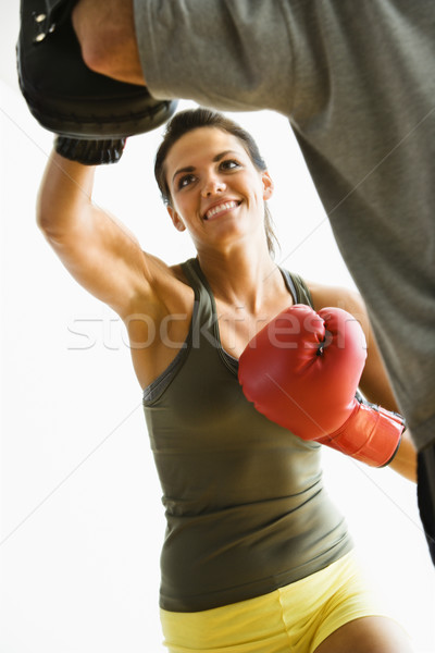 Foto stock: Mulher · luvas · de · boxe · treinamento · homem · saúde