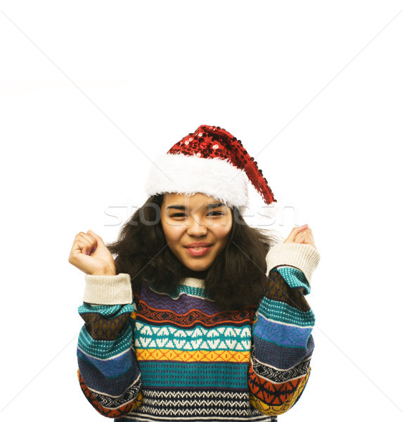cute young real african hipster girl in santas red hat isolated  Stock photo © iordani
