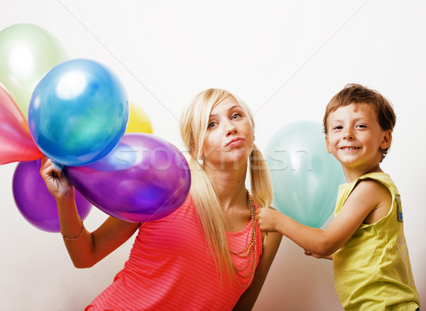 pretty real family with color balloons on white background, blon Stock photo © iordani